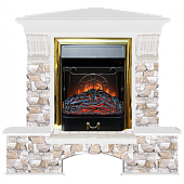 Каминокомплект Glenrich Бостон К Арбат угловой (белый)+Majestic Brass